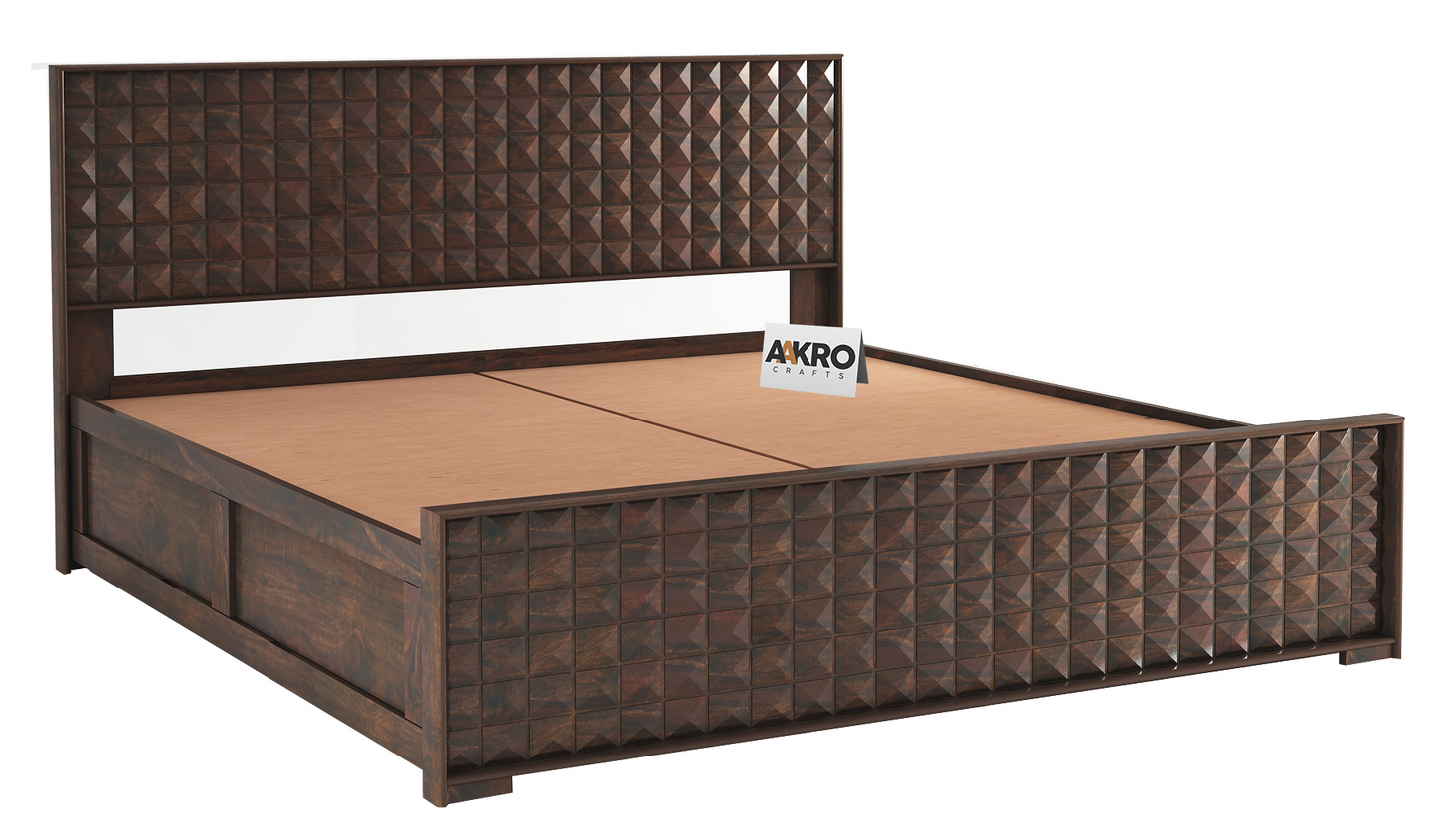 Diamond Sheesham Wood Bed with Box Storage, Walnut Finish - 1 Year Warranty