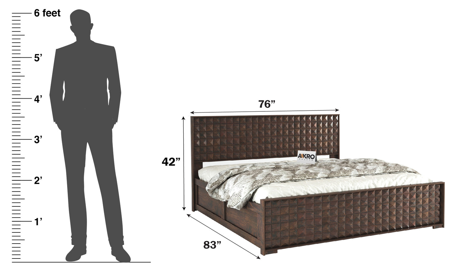 Diamond Sheesham Wood Bed with Box Storage, Walnut Finish - 1 Year Warranty