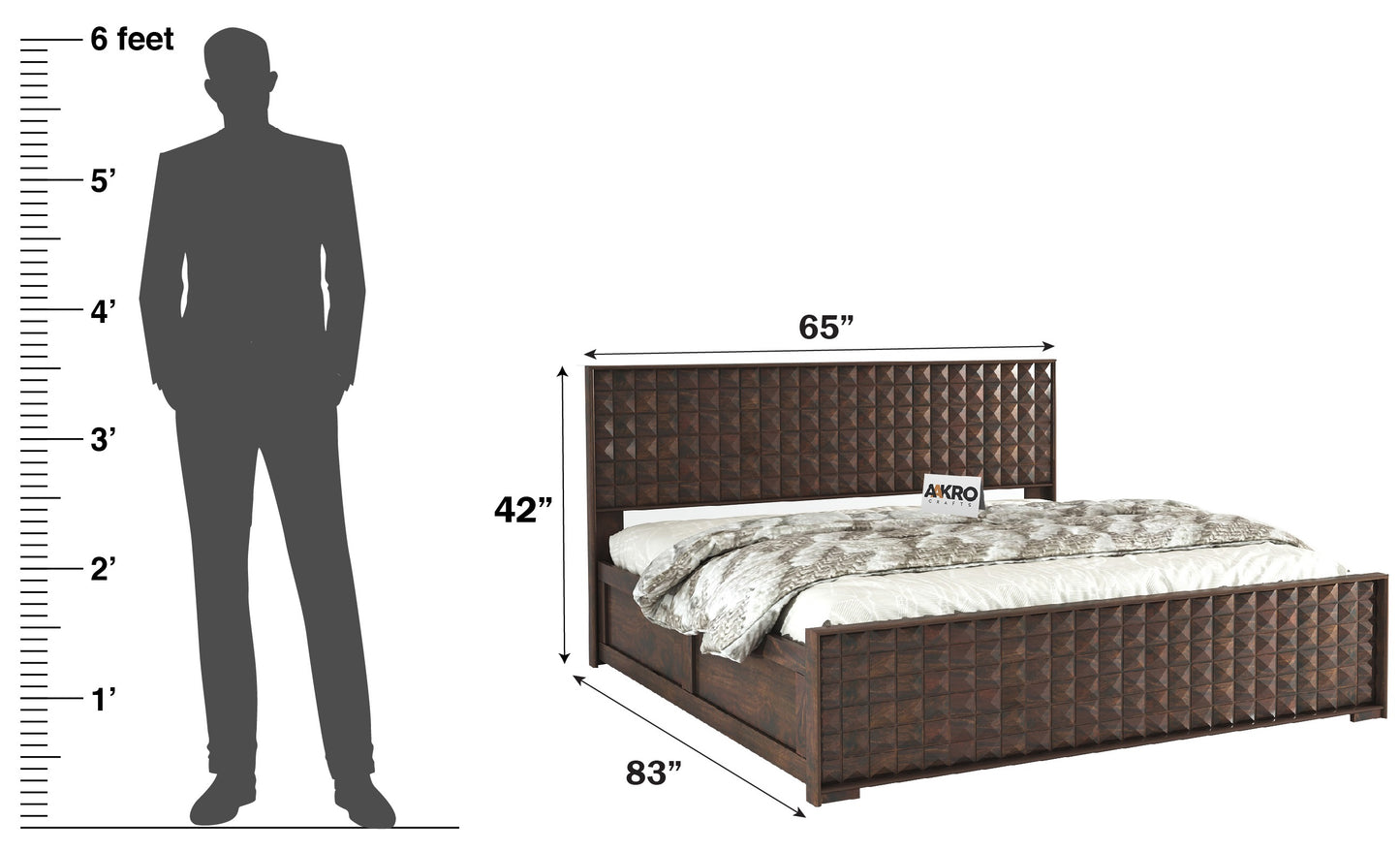 Diamond Sheesham Wood Bed with Box Storage, Walnut Finish - 1 Year Warranty