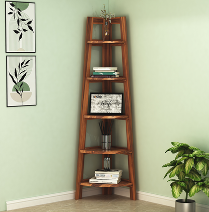 Sheesham Wood 5 Tier Corner Bookshelf / Bookcase Display Unit Honey Finish