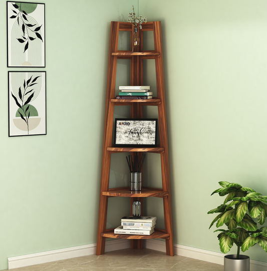Sheesham Wood 5 Tier Corner Bookshelf / Bookcase Display Unit Honey Finish