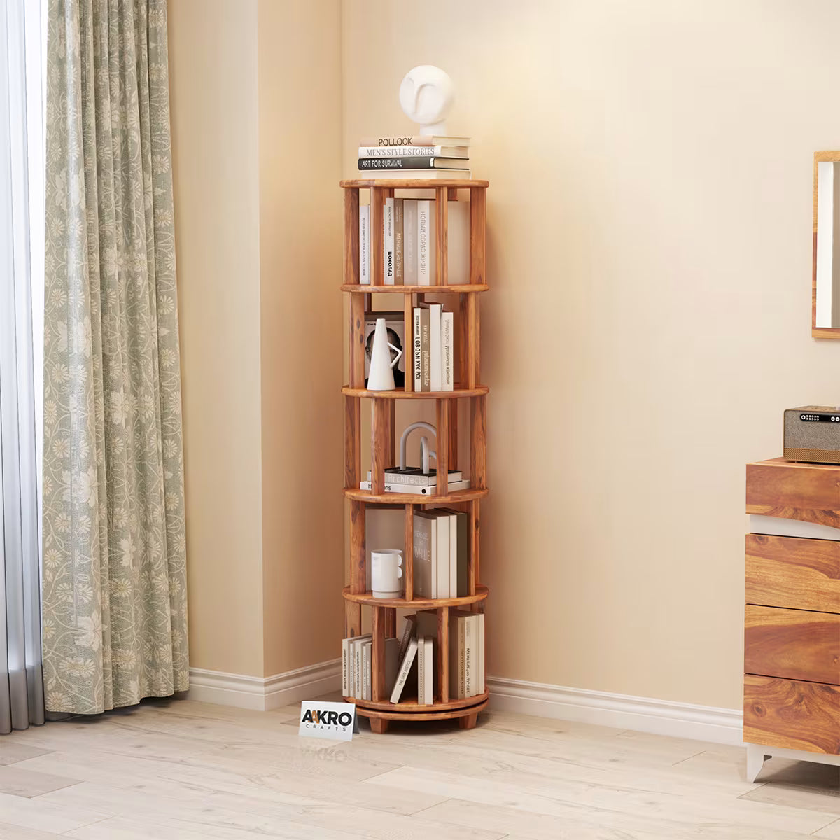 Bassanio 360 Degree Rotating Bookshelf Solid Sheesham Wood Honey Finish