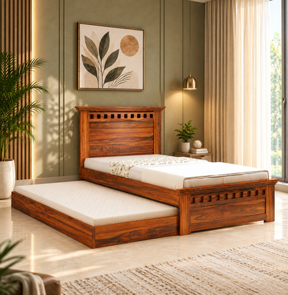 Kuber Expandable Solid Sheesham Wood Single Bed Pull-Out Guest Bed