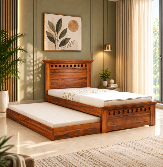 Kuber Expandable Solid Sheesham Wood Single Bed Pull-Out Guest Bed