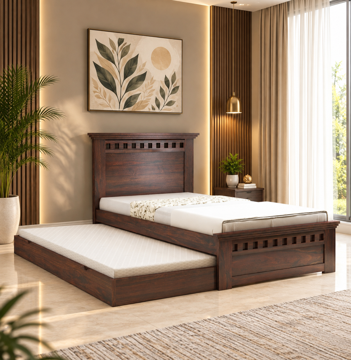 Kuber Expandable Solid Sheesham Wood Single Bed Pull-Out Guest Bed