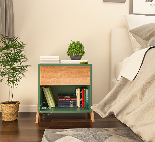 Mango Wood Bedside Table with Drawer and Shelf Storage - (Forest Green)