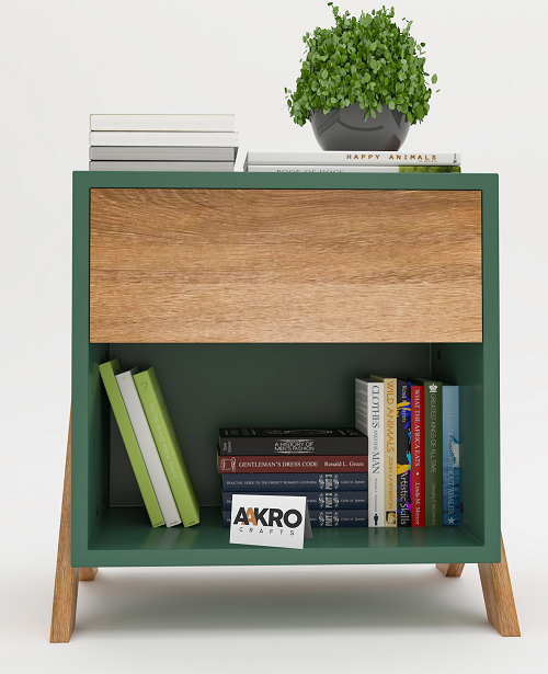 Mango Wood Bedside Table with Drawer and Shelf Storage - (Forest Green)