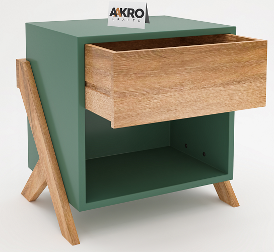 Mango Wood Bedside Table with Drawer and Shelf Storage - (Forest Green)