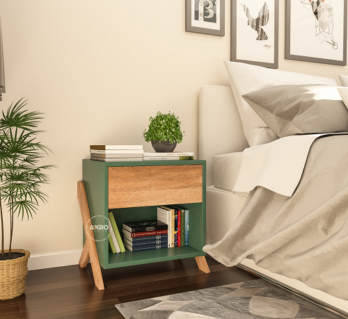 Mango Wood Bedside Table with Drawer and Shelf Storage - (Forest Green)