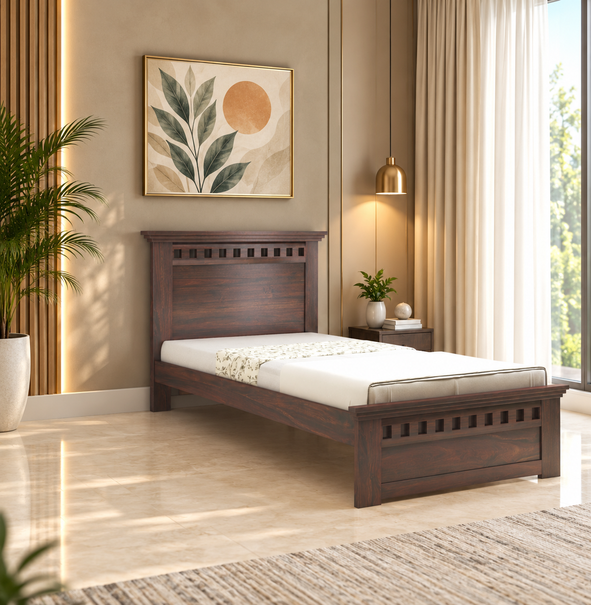Kuber Solid Sheesham Wood Single Bed – Non-Storage Wooden Bed