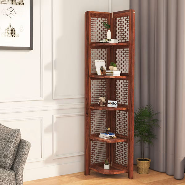 Divine 5-Tier Foldable Corner Bookshelf Honey Finish