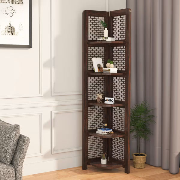 Divine 5-Tier Foldable Corner Bookshelf Walnut Finish