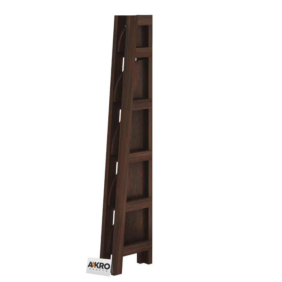 Rustic corner bookshelf placed in a living room corner with decor items