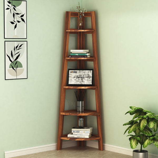 Elena 5-Tier Corner Bookshelf Honey Finish - Sheesham Wood