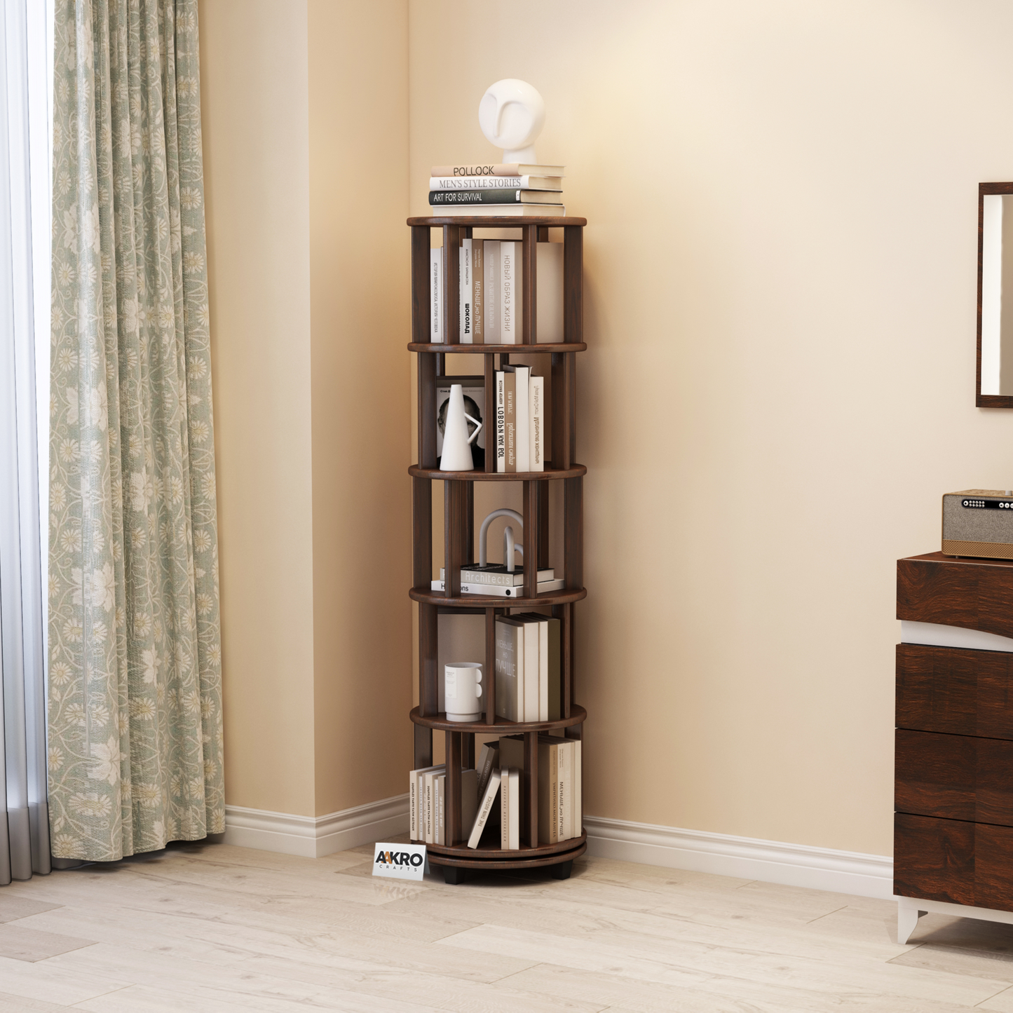 Bassanio 360 Degree Rotating Bookshelf Solid Sheesham Wood Walnut Finish