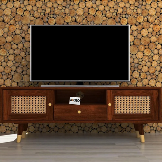 Napvia Rattan Solid Wood Tv Unit with Cane Design in Brown Teak Finish