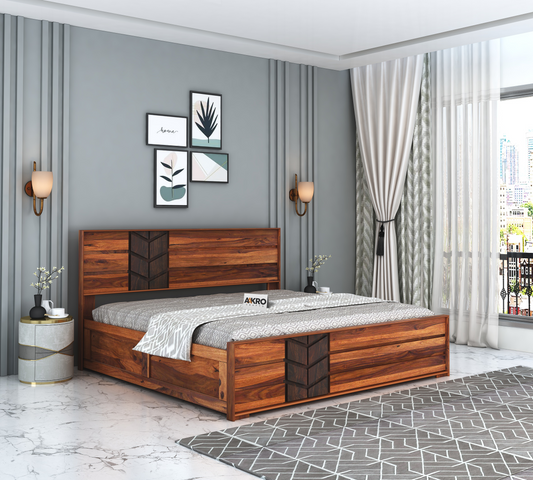 Venguard Sheesham Wood Bed with Box Storage (Dual Tone) - 1 Year Warranty