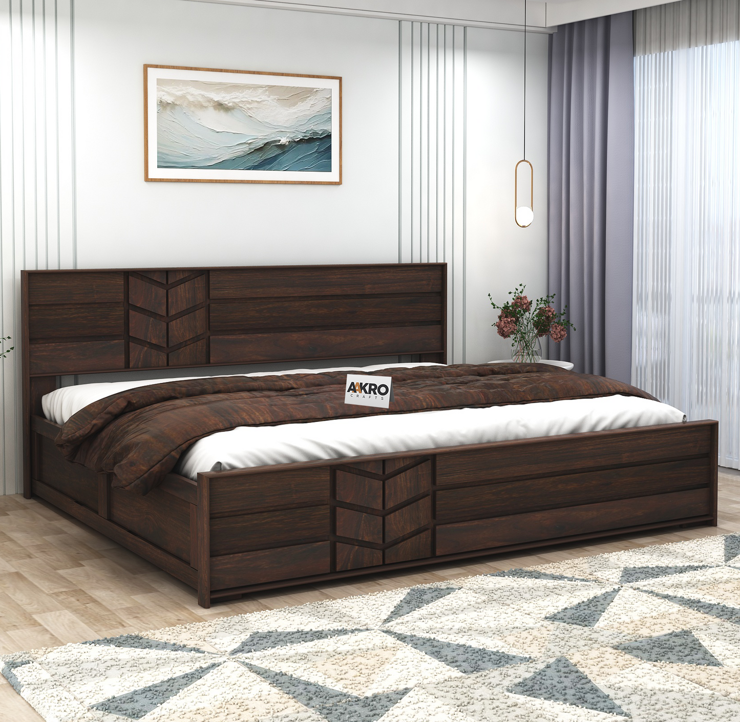 Venguard Sheesham Wood Bed with Box Storage, Walnut Finish  - 1 Year Warranty