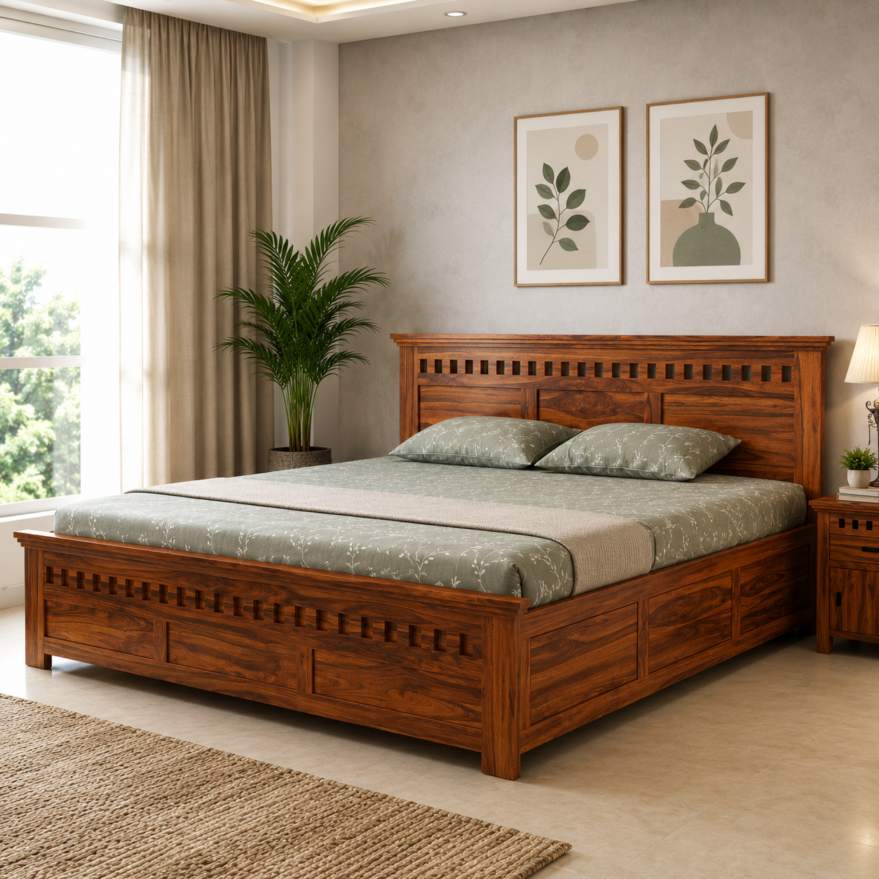 Kuber Grid Design Sheesham Wood Bed with Box Storage