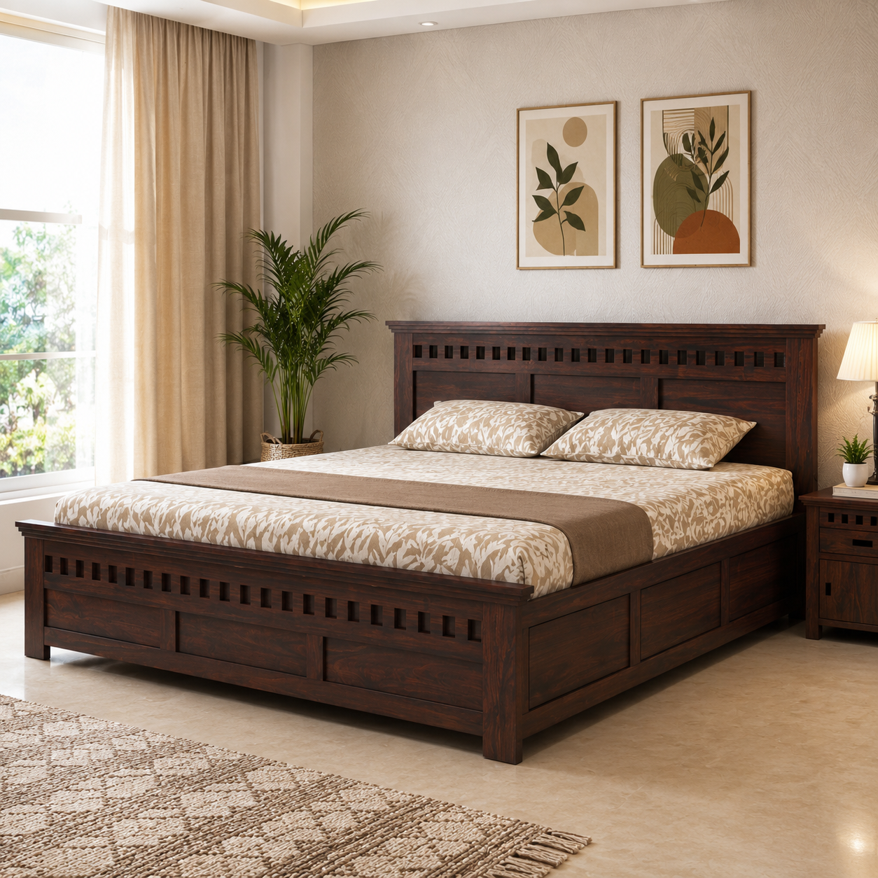 Kuber Grid Design Sheesham Wood Bed with Box Storage