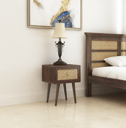 Cane Panel Solid Sheesham Wood Bedside Table 1 Drawer